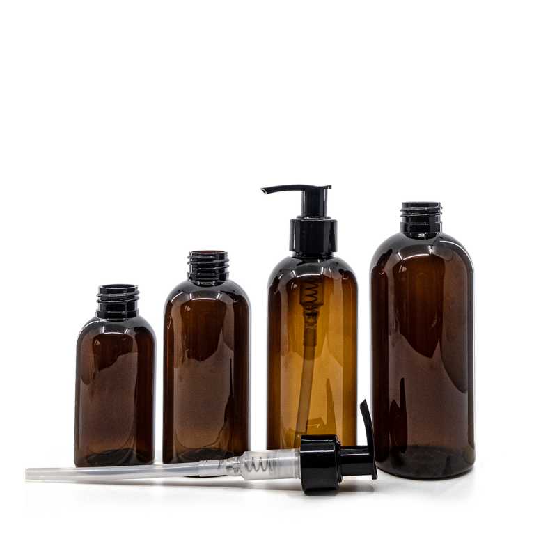 Bernsteinfarbene Kunststoffflasche, schwarze Pumpe, 200 ml