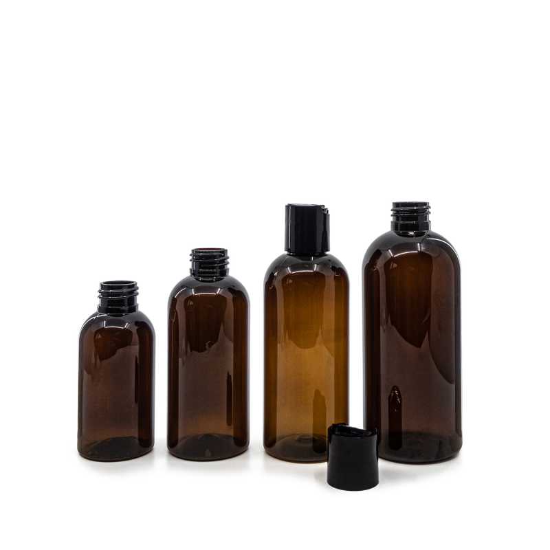 Bernsteinfarbene Kunststoffflasche, schwarzer Scheibendeckel, 150 ml