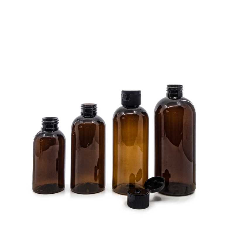 Bernsteinfarbene Kunststoffflasche, schwarzer Flip-Top, 150 ml
