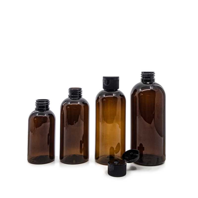 Bernsteinfarbene Kunststoffflasche, schwarzer Flip-Top, 300 ml