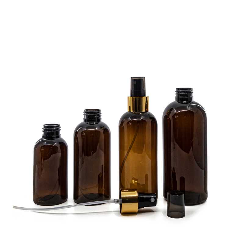 Bernsteinfarbene Kunststoffflasche, schwarzes Spray mit glänzendem Goldkragen, 300 ml