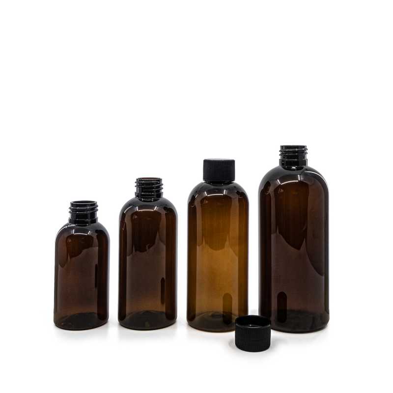 Bernsteinfarbene Kunststoffflasche, schwarzer gerippter Verschluss, 100 ml