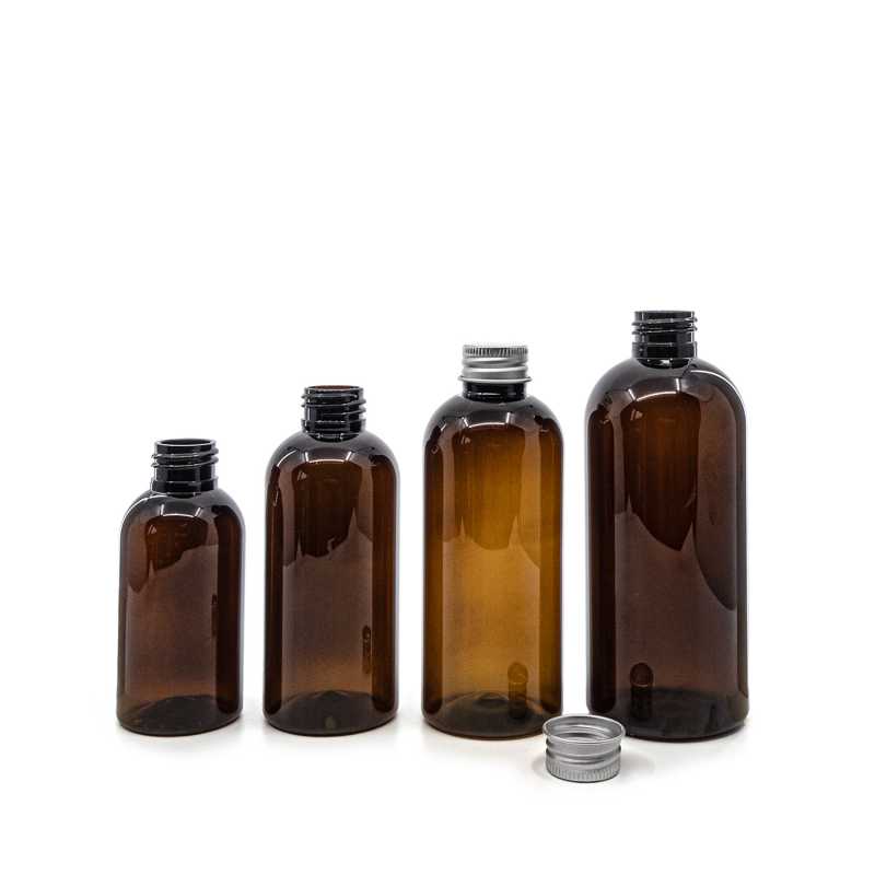 Bernsteinfarbene Kunststoffflasche, silberner Aluminiumverschluss, 200 ml