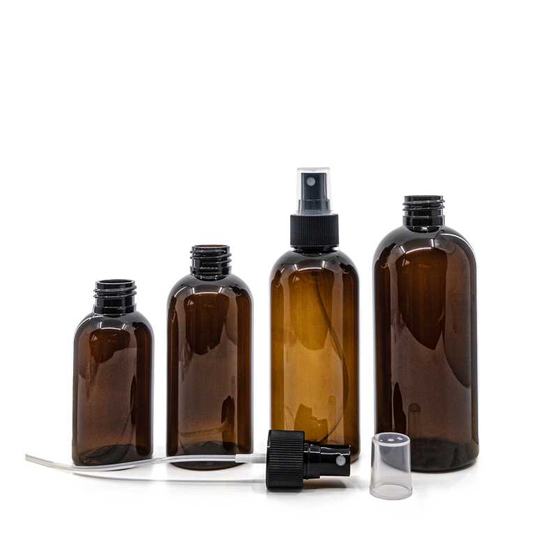 Bernsteinfarbene Kunststoffflasche, schwarzes Spray, 150 ml