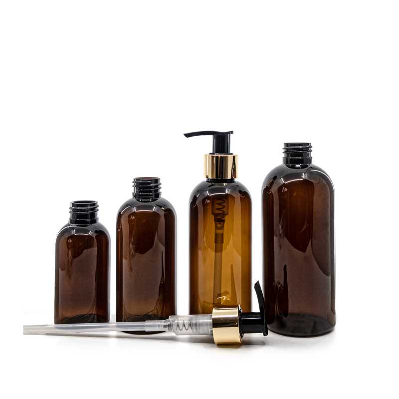 Bernsteinfarbene Kunststoffflasche, goldene Pumpe, 300 ml