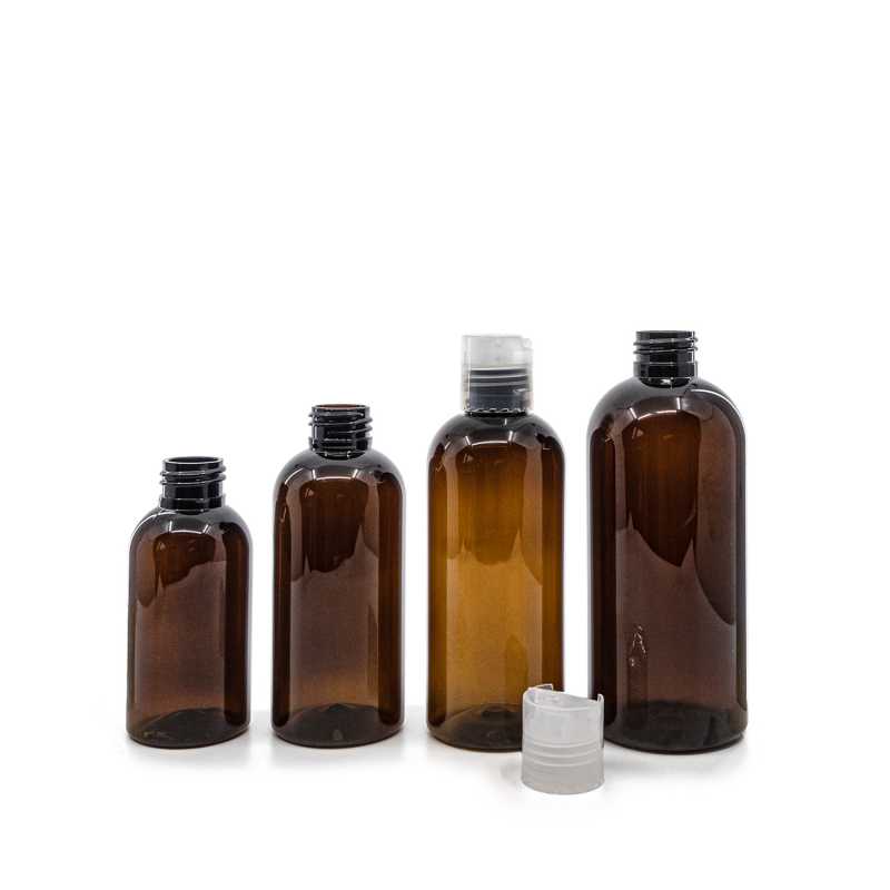 Bernsteinfarbene Kunststoffflasche, transparenter Scheibendeckel, 300 ml