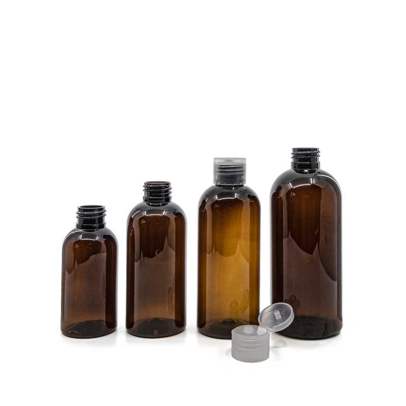 Bernsteinfarbene Kunststoffflasche, transparenter Flip-Top, 100 ml