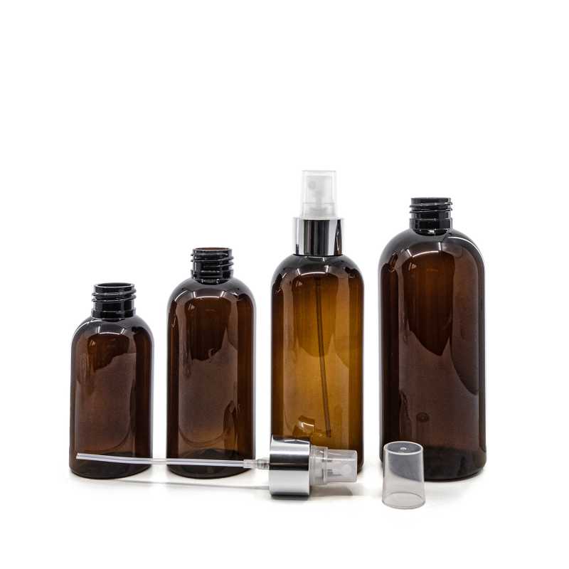 Bernsteinfarbene Kunststoffflasche, Transparentes Spray mit glänzendem Silberkragen, 150 ml