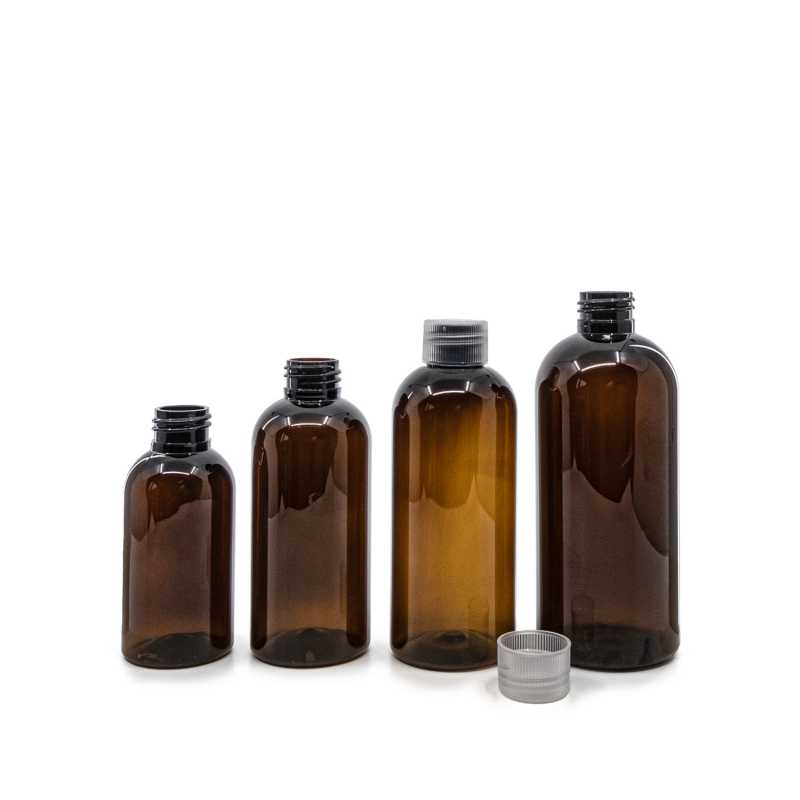 Bernsteinfarbene Kunststoffflasche, transparenter Verschluss, 200 ml