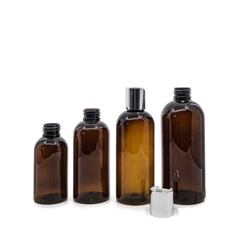 Bernsteinfarbene Kunststoffflasche, silberner Scheibendeckel, 100 ml