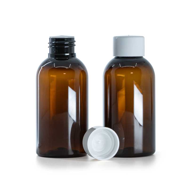 Braune Kunststoffflasche, weißer glatter Verschluss mit Reduzierstück, 100 ml