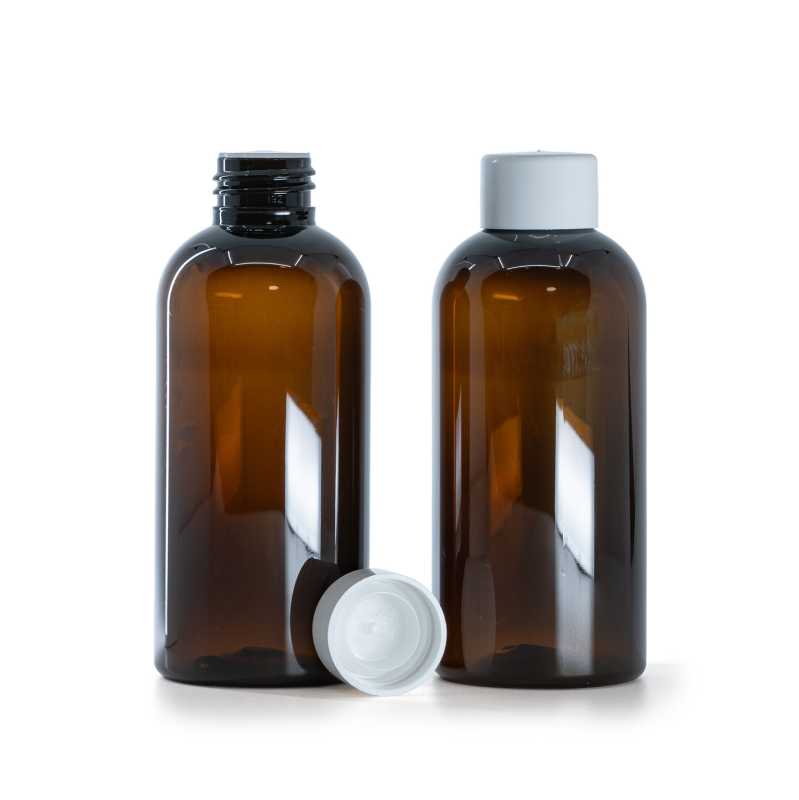 Braune Kunststoffflasche, weißer glatter Verschluss mit Einsatz, 150 ml