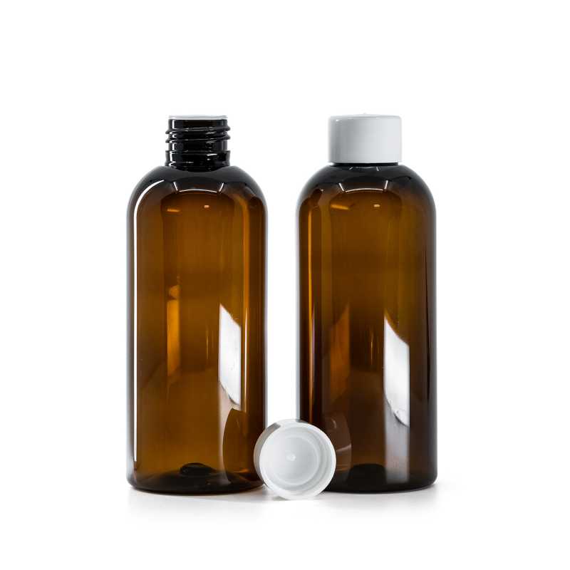 Braune Kunststoffflasche, glatter weißer Verschluss mit Reduzierstück, 200 ml