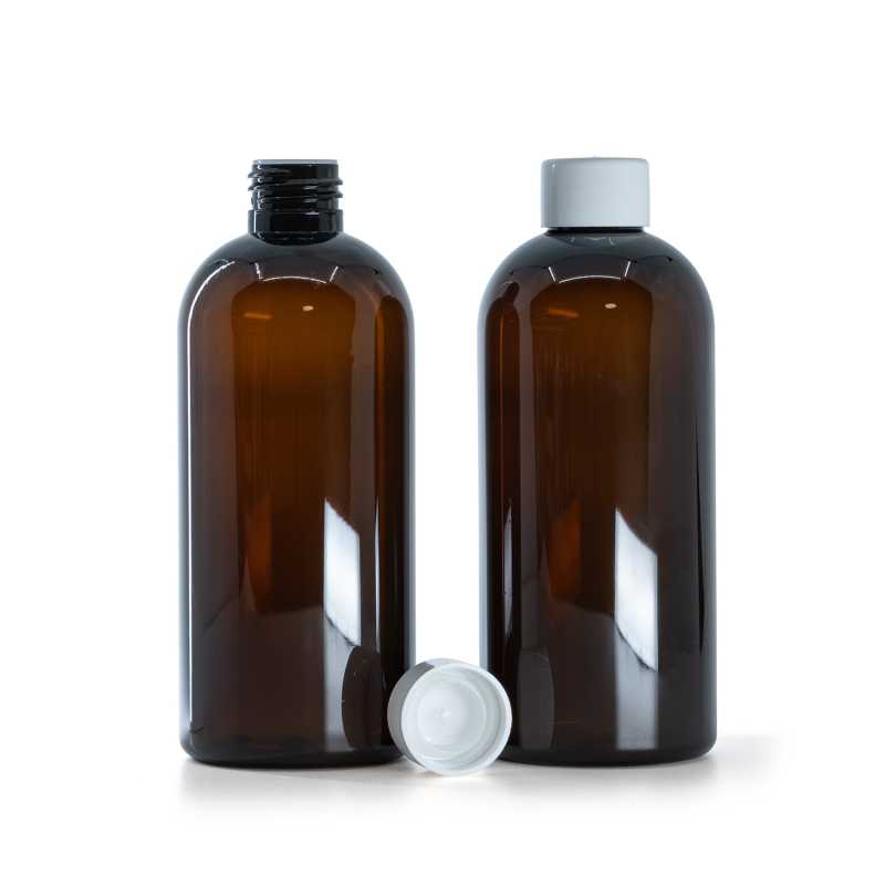 Braune Kunststoffflasche, weißer glatter Verschluss mit Einsatz, 300 ml