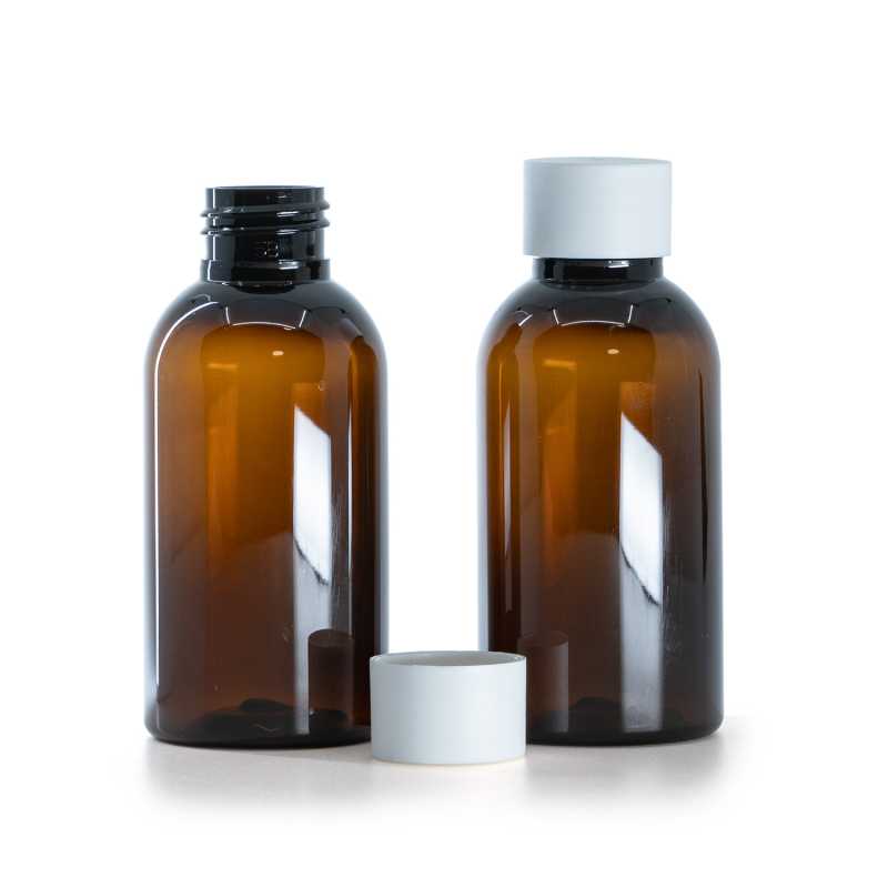 Braune Kunststoffflasche, mattweißer Verschluss, 100 ml