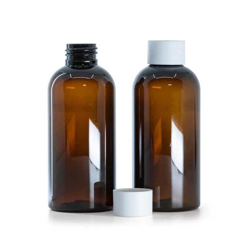 Braune Kunststoffflasche, mattweißer Verschluss, 150 ml
