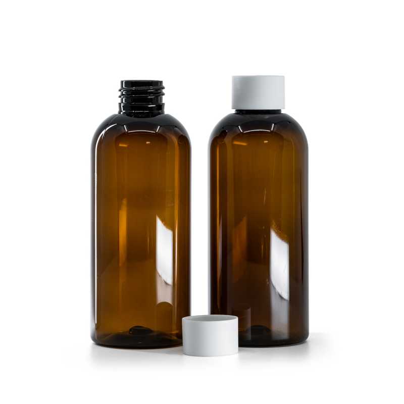 Braune Kunststoffflasche, matter weißer Verschluss, 200 ml