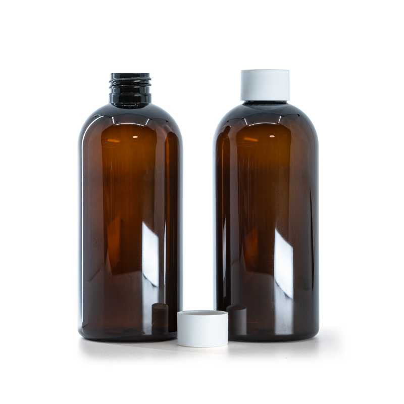 Braune Kunststoffflasche, mattweißer Verschluss, 300 ml