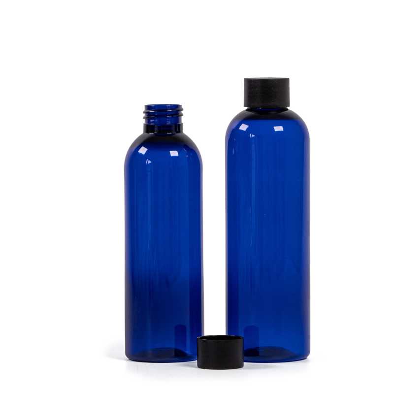 Blaue Kunststoffflasche, 24/410, schwarzer matter Kunststoffdeckel, 200 ml