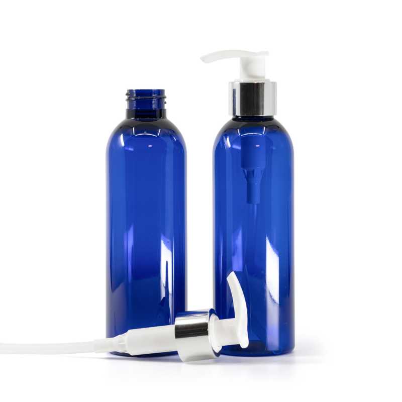 Blaue Kunststoff-Flasche, weiße Lotion-Pumpe mit glänzendem Silberkragen, 200 ml