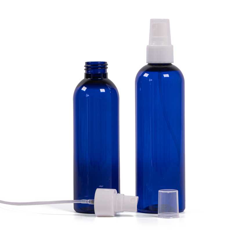 Blaue Plastikflasche, weißer feiner Sprühnebel, 200 ml