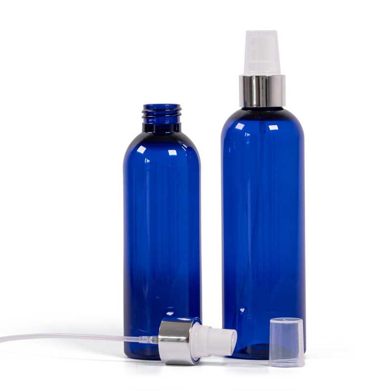 Blaue Kunststoffflasche, weißes Spray mit glänzendem Silberkragen, 200 ml