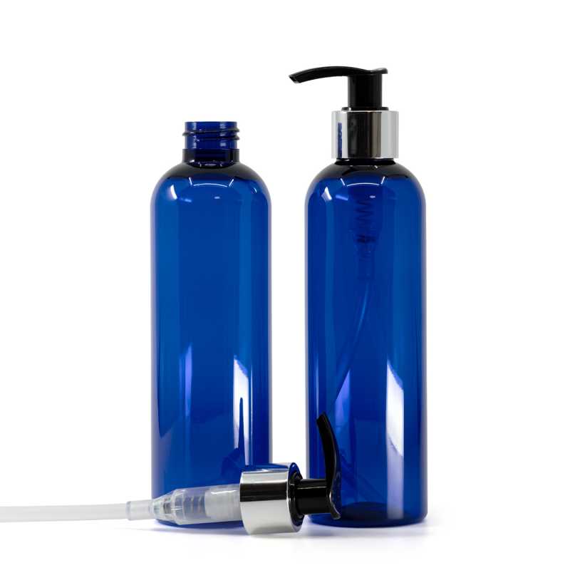 Blaue Kunststoff-Flasche, schwarze Lotion-Pumpe mit glänzendem Silberkragen, 250 ml