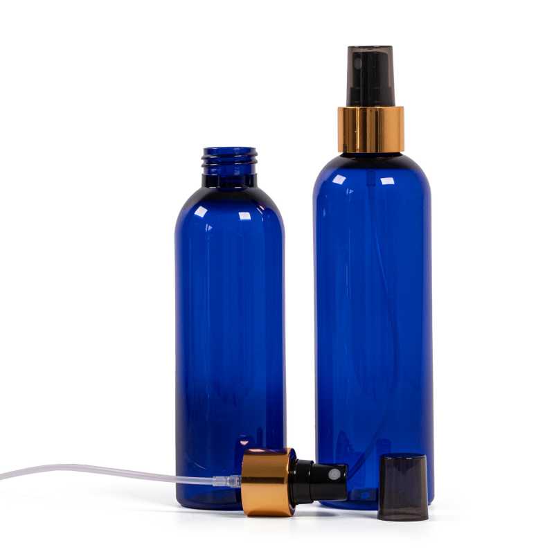 Blaue Plastikflasche, schwarzes Spray mit glänzendem Goldkragen, 200 ml