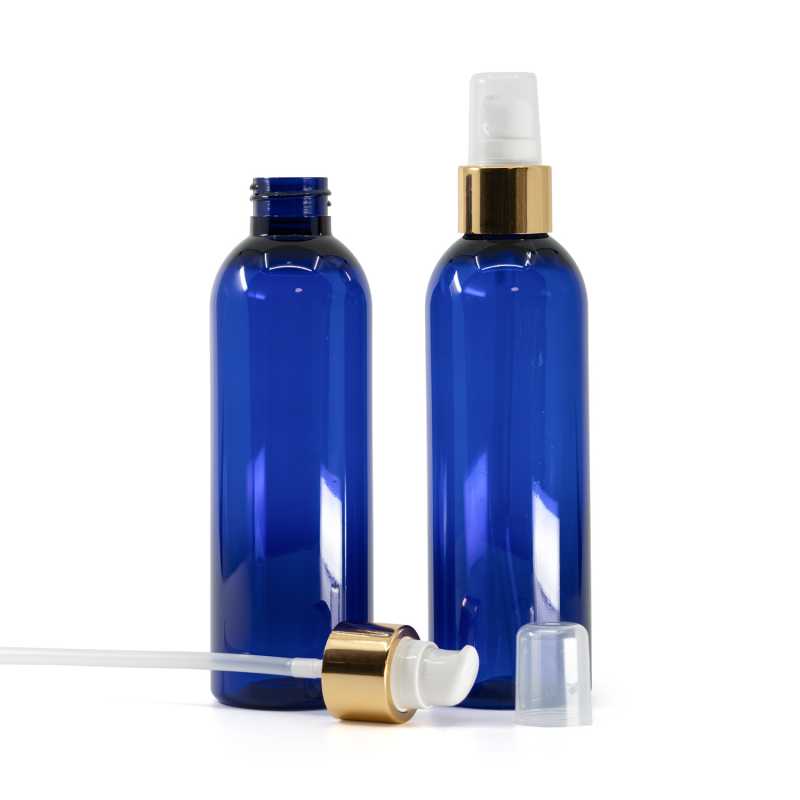 Blaue Kunststoffflasche, weiße Lotion-Pumpe mit Überkappe, goldglänzend, 200 ml
