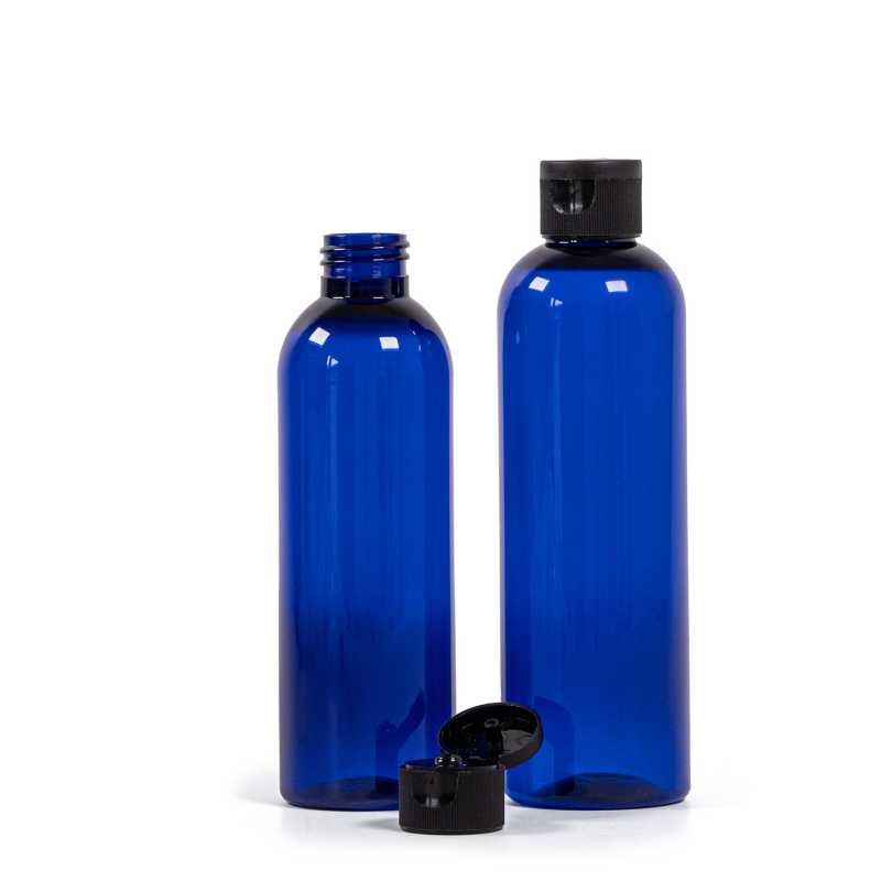 Blaue Plastikflasche, schwarzer Flip-Top, 250 ml