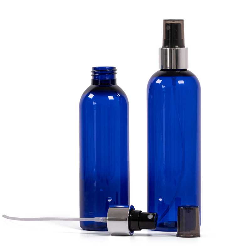 Blaue Plastikflasche, schwarzes Spray mit glänzendem Silberkragen, 250 ml