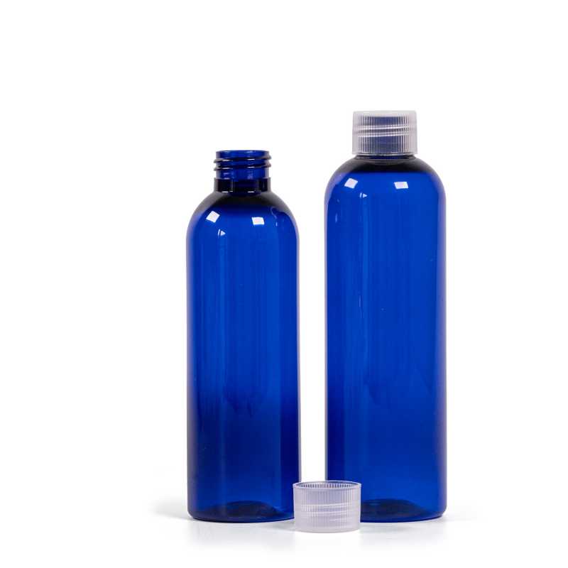 Blaue Kunststoffflasche, transparenter Verschluss, 200 ml