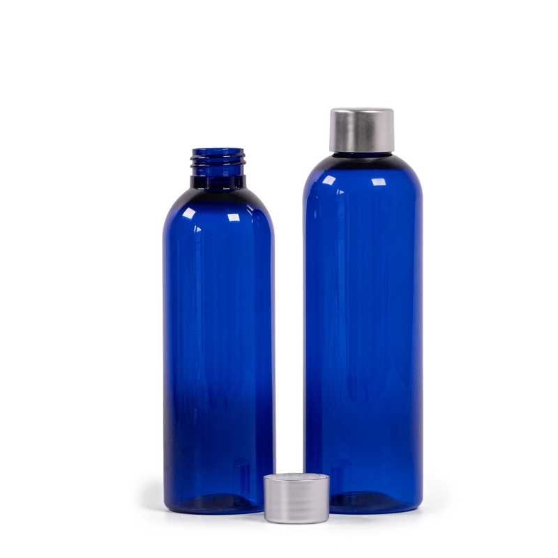 Blaue Plastikflasche, Silberkappe, 200 ml