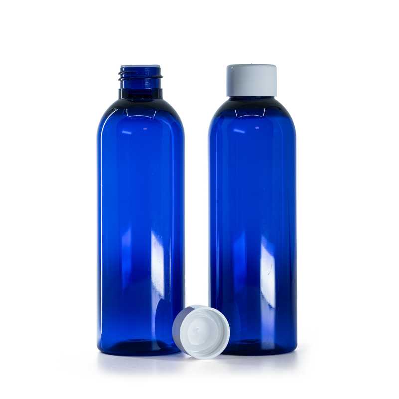 Blaue Kunststoffflasche, weißer glatter Verschluss mit Reduzierstück, 200 ml