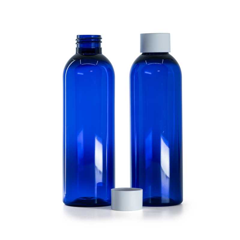 Blaue Kunststoffflasche, matter weißer Verschluss, 200 ml