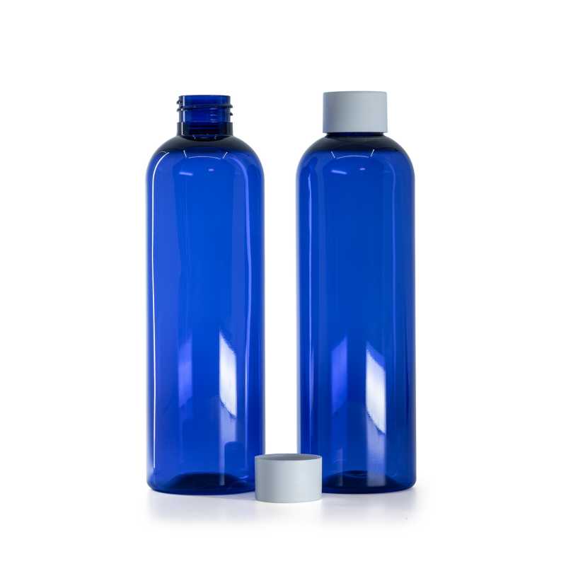 Blaue Kunststoffflasche, 250 ml, mit mattschweißem Verschluss
