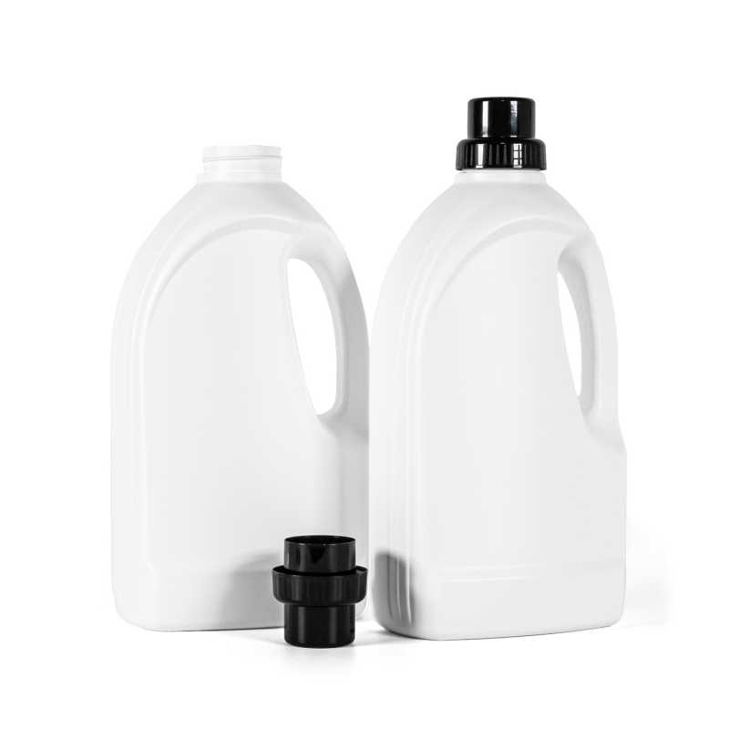 Weiße Kunststoff-Reinigungsmittelflasche, schwarzer Deckel, 1,5 l