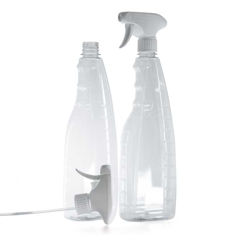 Transparente Kunststoffflasche für Reinigungsmittel, weißer Trigger‑Sprühkopf, 1000 ml