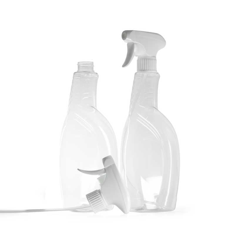 Transparente Kunststoffflasche für Reinigungsmittel, weißer Trigger-Sprühkopf, 750 ml