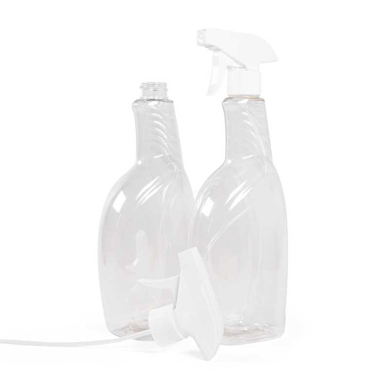 Transparente Reinigungsmittel-Kunststoffflasche mit weißem Sprühkopf, 750 ml