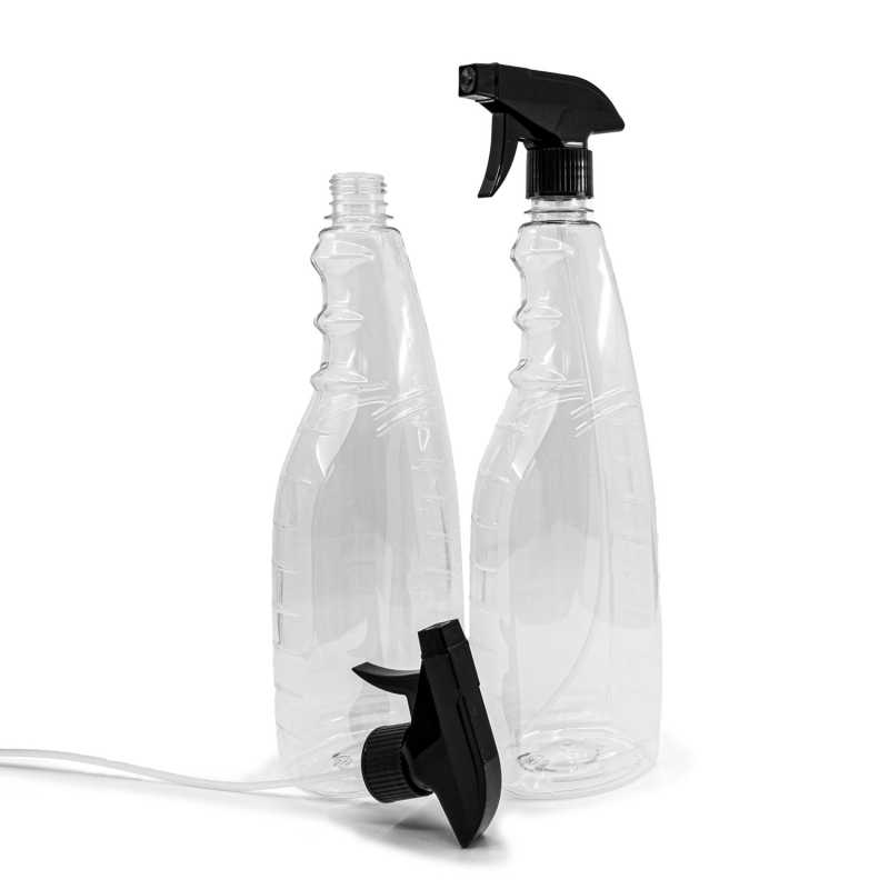Transparente Kunststoff-Flasche für Reinigungsmittel, schwarzer Zerstäuber, 1 l