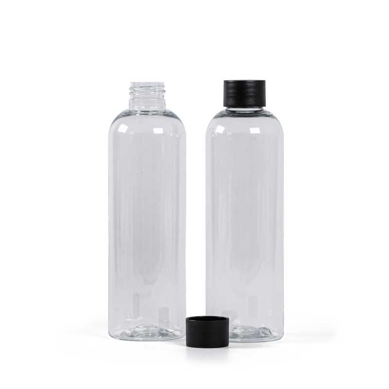 Klare Kunststoffflasche, 24/410, schwarzer matter Kunststoffdeckel, 250 ml