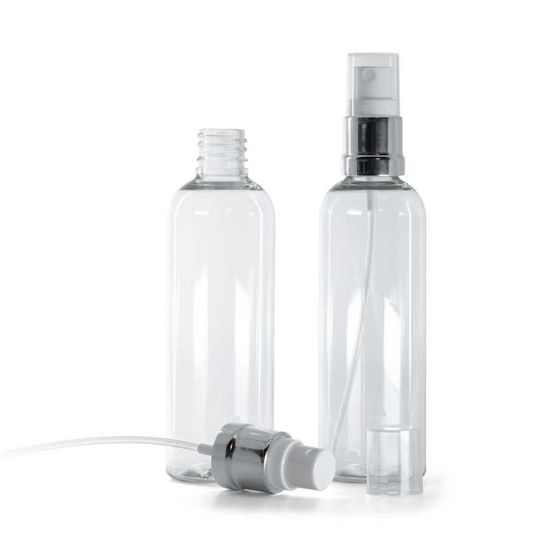 Klare Kunststoffflasche, silberweißes Spray, 100 ml