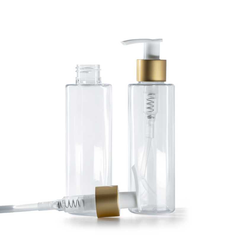 Transparente Kunststoffflasche, weißer Lotionpumpspender mit mattem Goldring, 150 ml