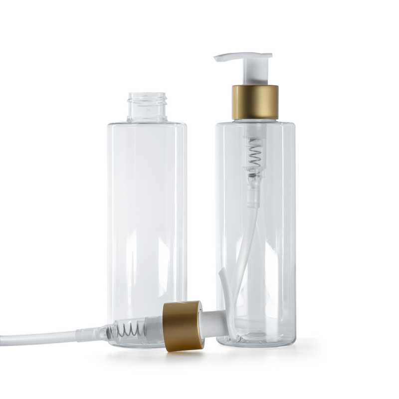 Transparente Kunststoffflasche, weißer Lotionpumpspender mit matter Goldmanschette, 200 ml