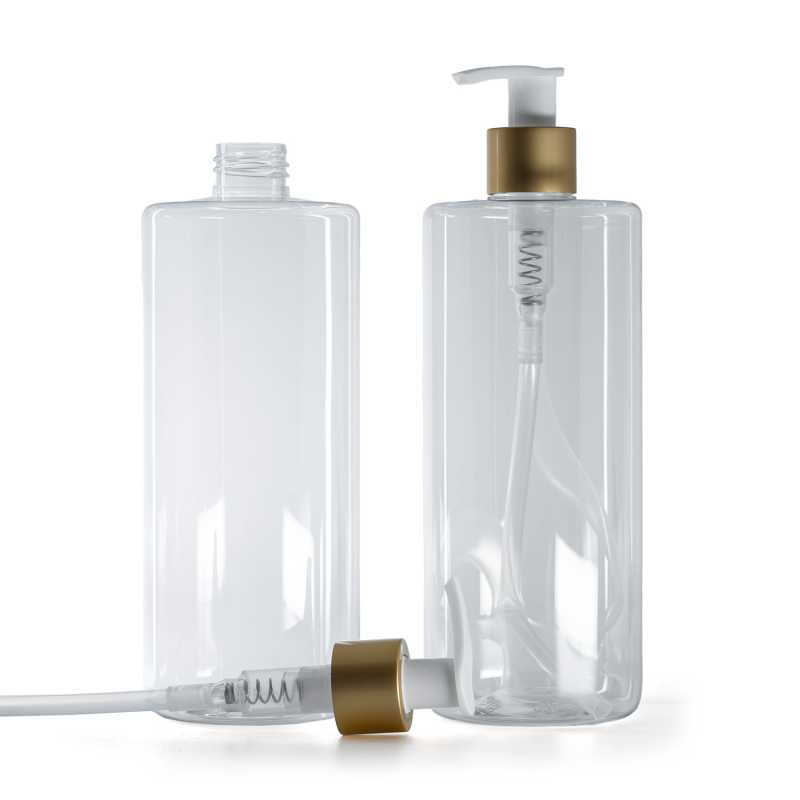 Transparente Kunststoffflasche mit weißem Lotionpumpkopf und mattem Goldring, 500 ml