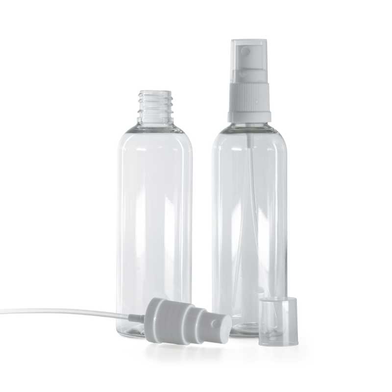 Klare Plastikflasche, weißer feiner Sprühnebel, 100 ml