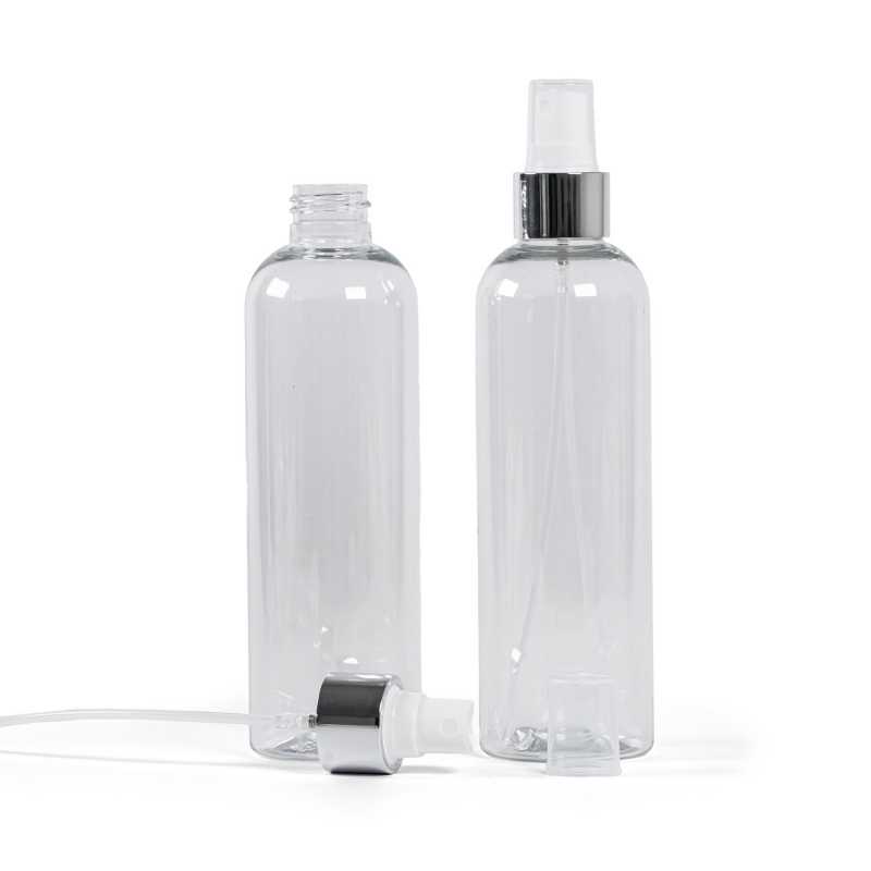 Klare Kunststoffflasche, weißes Spray mit glänzendem Silberkragen, 250 ml