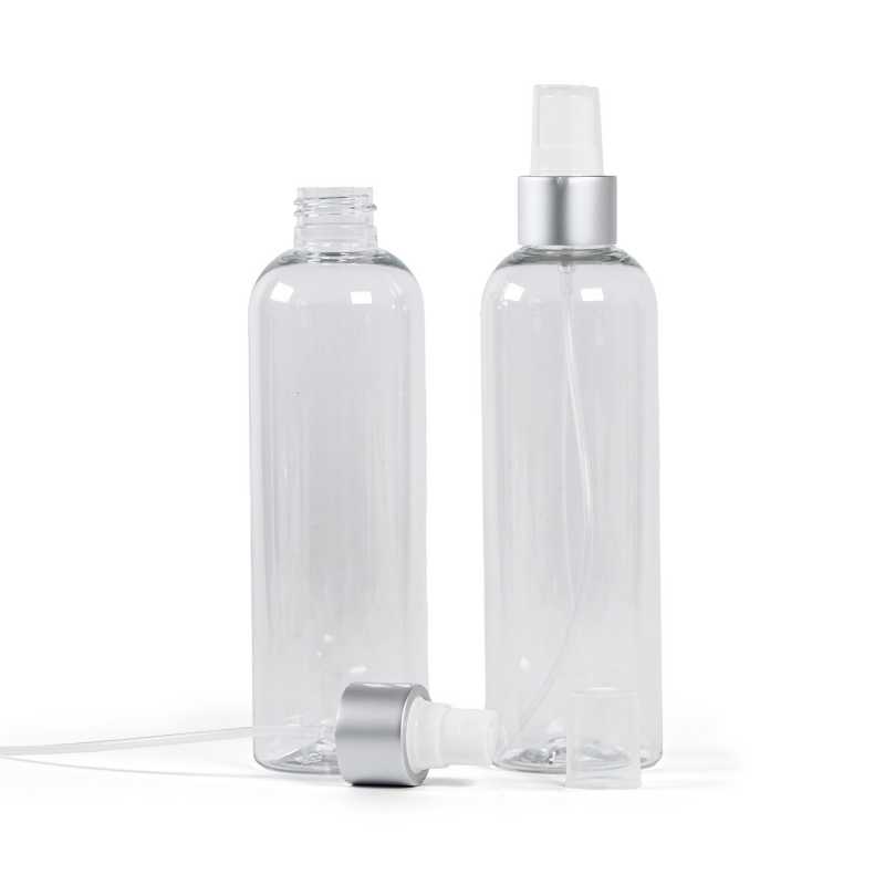 Klare Kunststoffflasche, weißes Spray mit mattsilbernem Kragen, 250 ml
