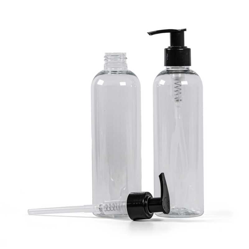 Klare Kunststoffflasche, schwarze Pumpe, 250 ml